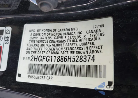 2006 Honda Civic Ex z USA, uszkodzony, nr VIN 2HGFG11886H528374